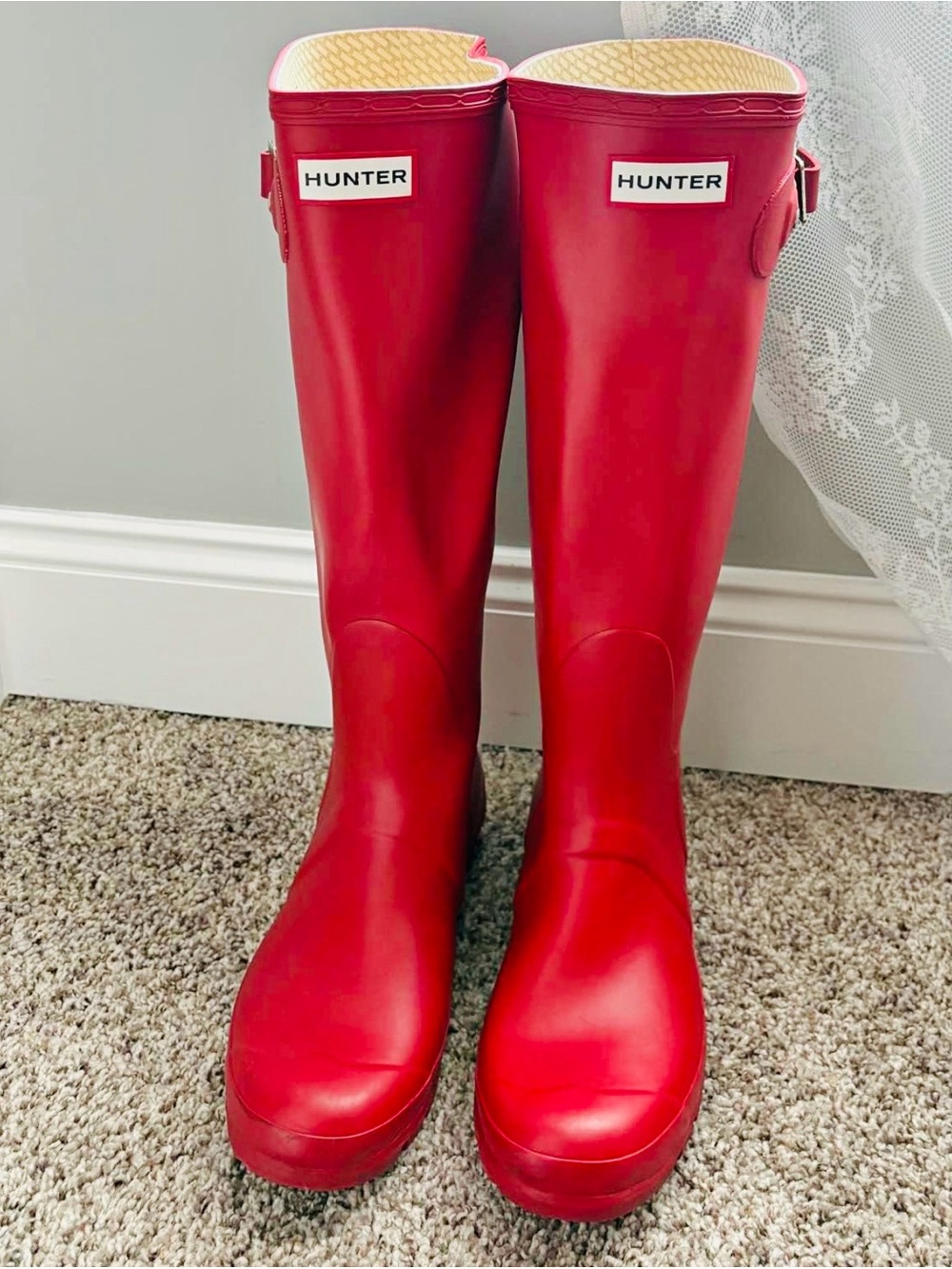 Hunter Bright Red Rubber Rain Boots with Cream Lining